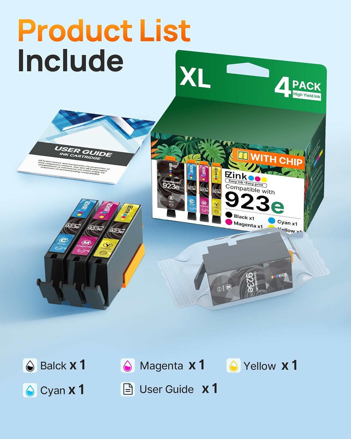 HP 923XL 923e Compatible Ink cartridges(4 Pack with Chip) | E-Z Ink