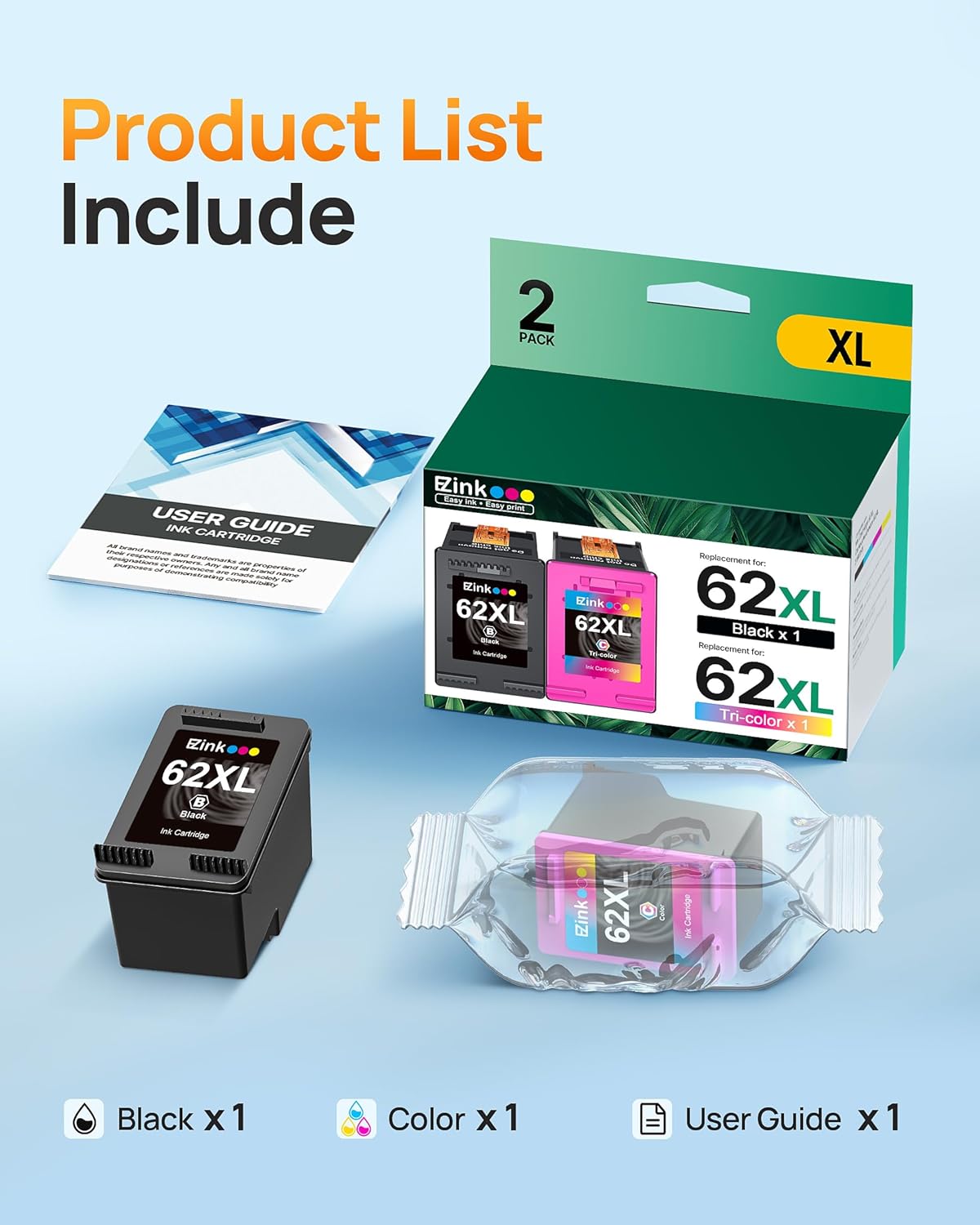 HP 62XL 62 XL Remanufactured Ink Cartridge (2 Pack) | E-Z Ink